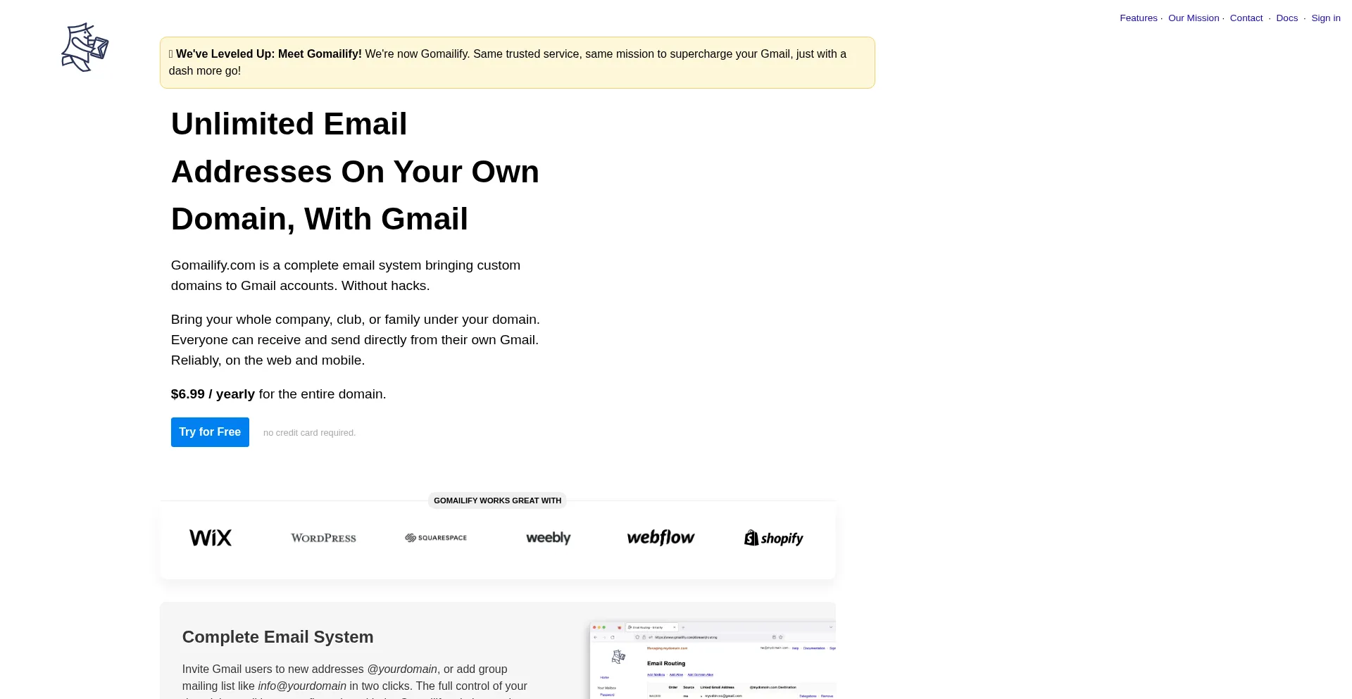 Website screenshot of Gmailify.com