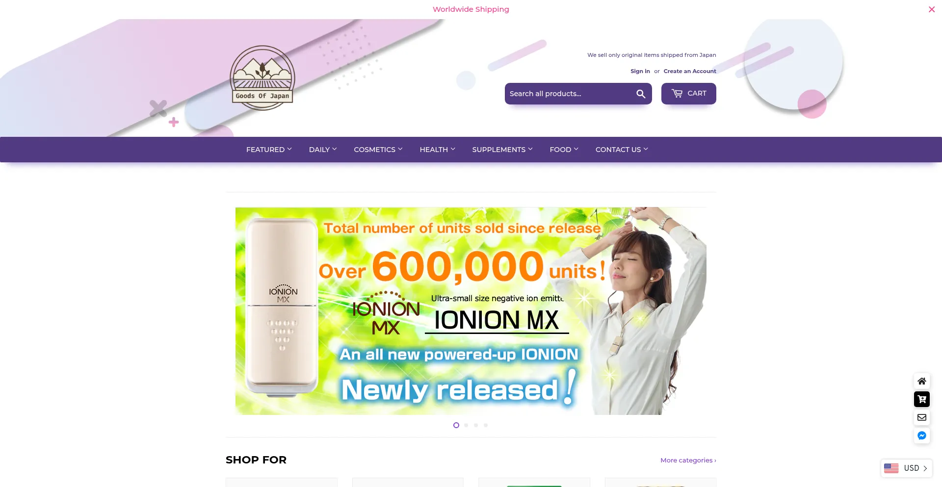 Website screenshot of Goodsofjapan.com