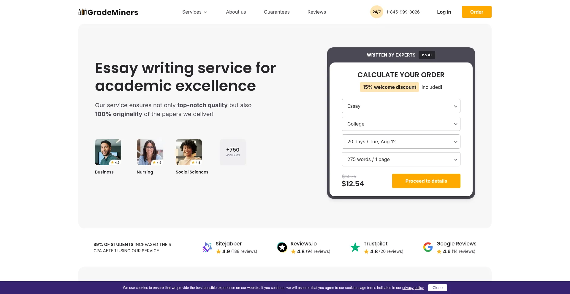 Website screenshot of Grademiners.com