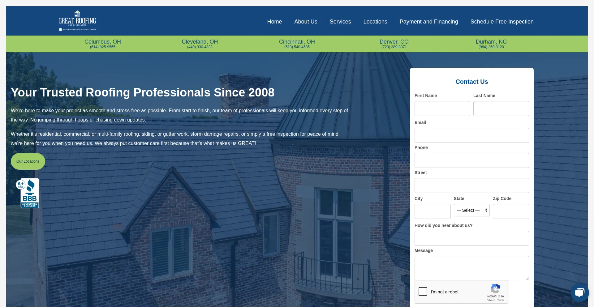 Website screenshot of Greatroofing.com