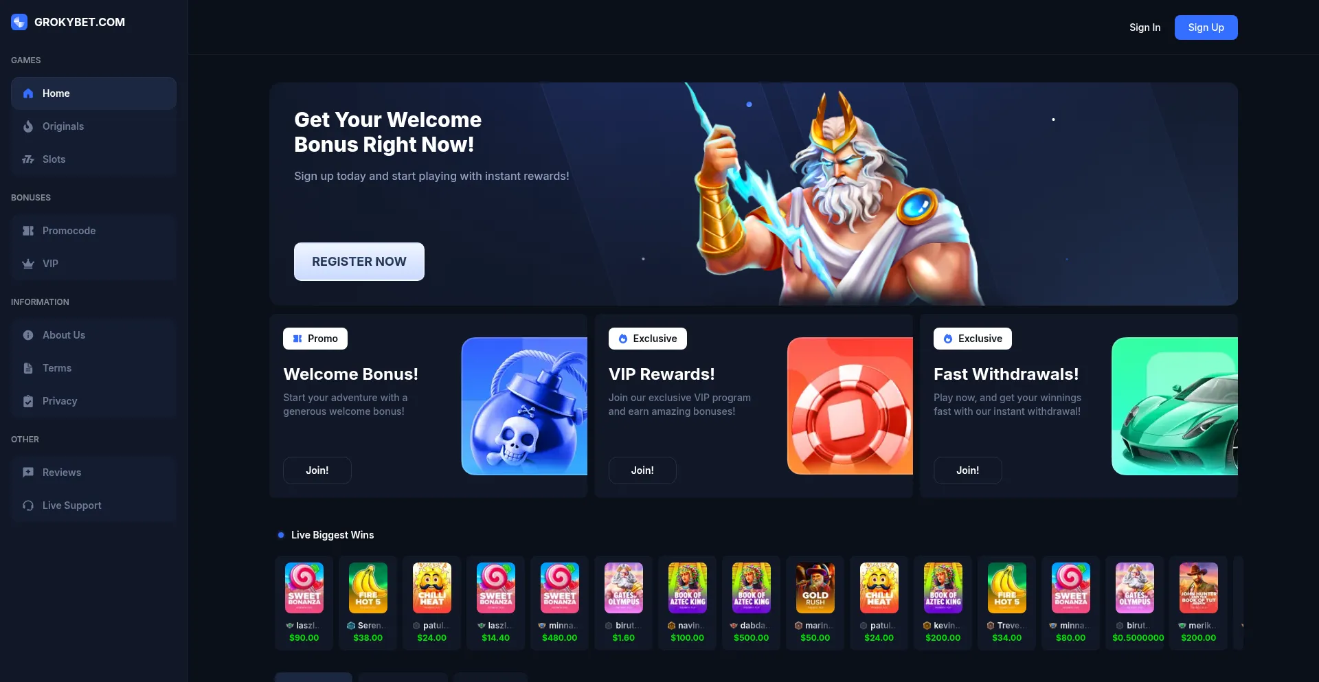 Website screenshot of Grokybet.com