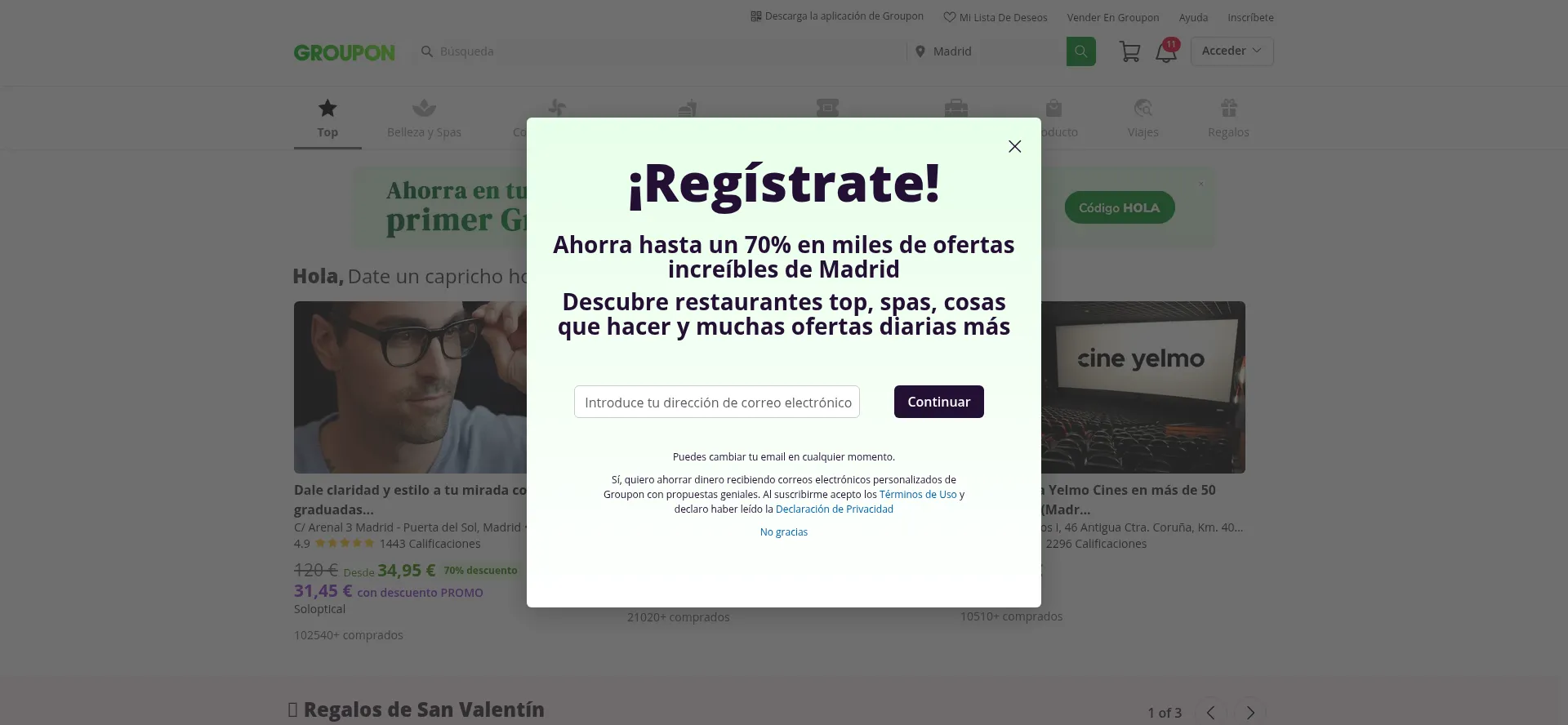 Website screenshot of Groupon.es