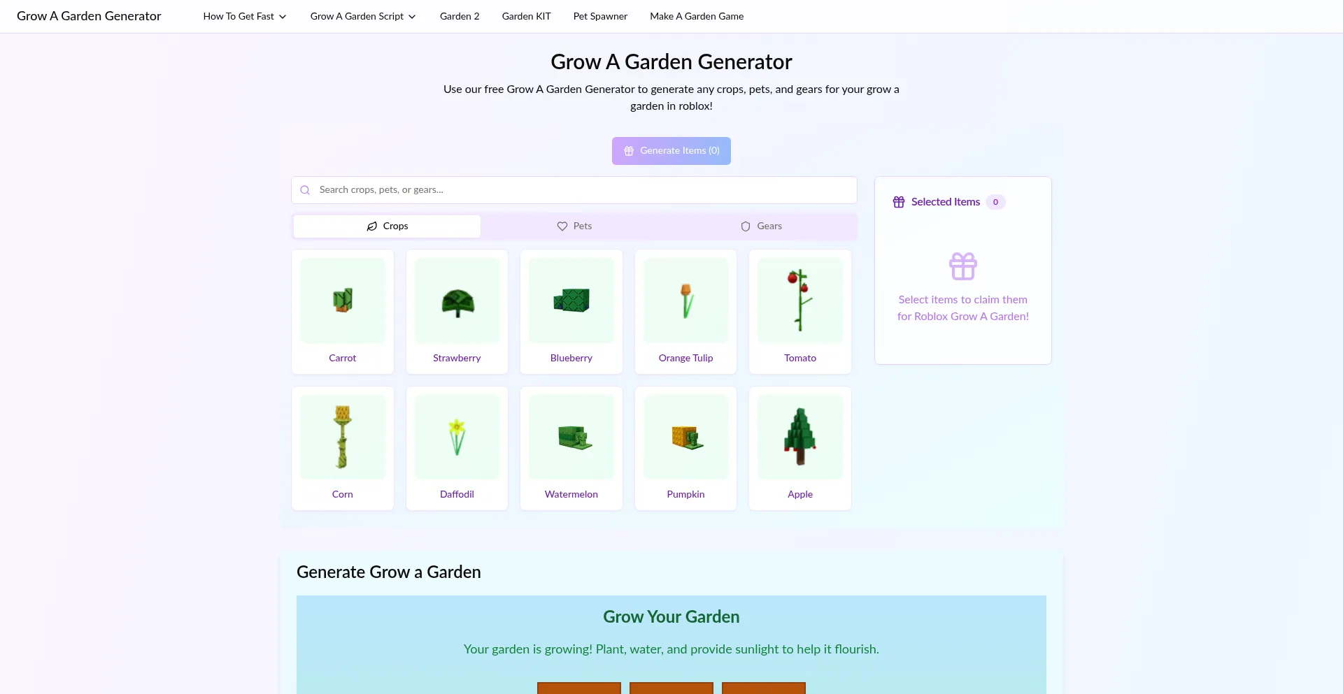 Website screenshot of Growagardengenerator.com