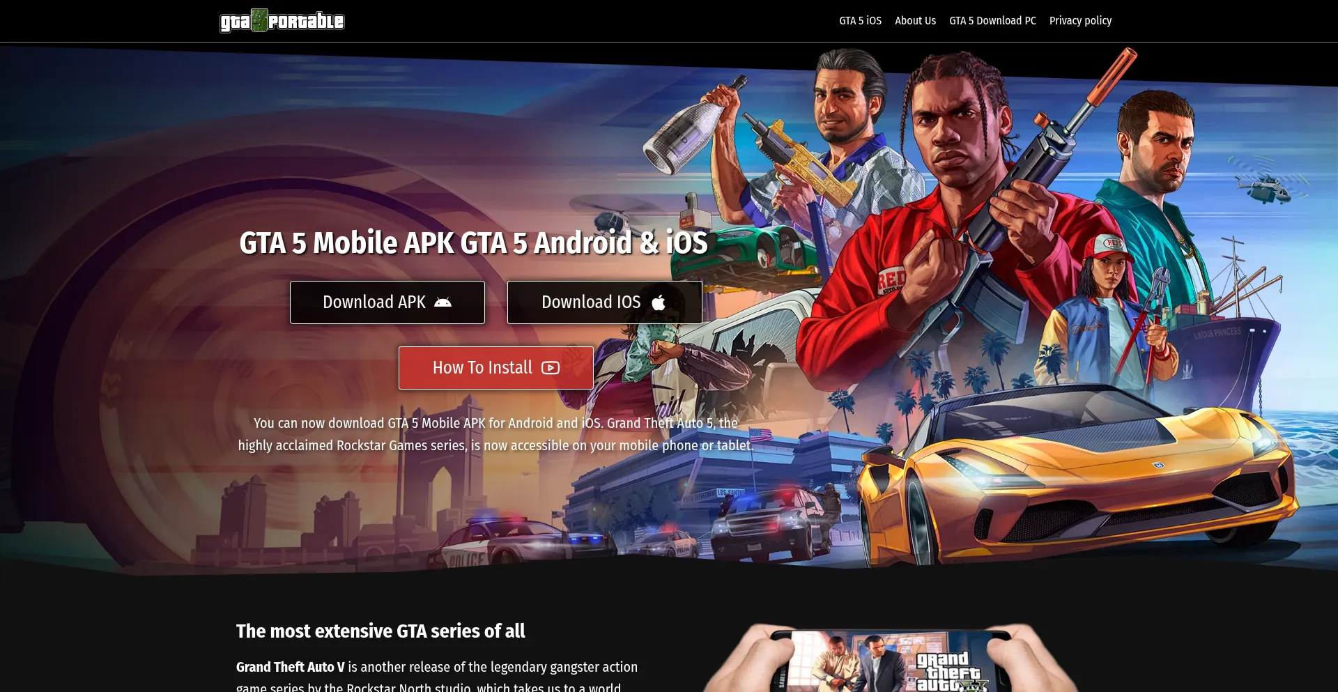 Website screenshot of Gta5portable.com