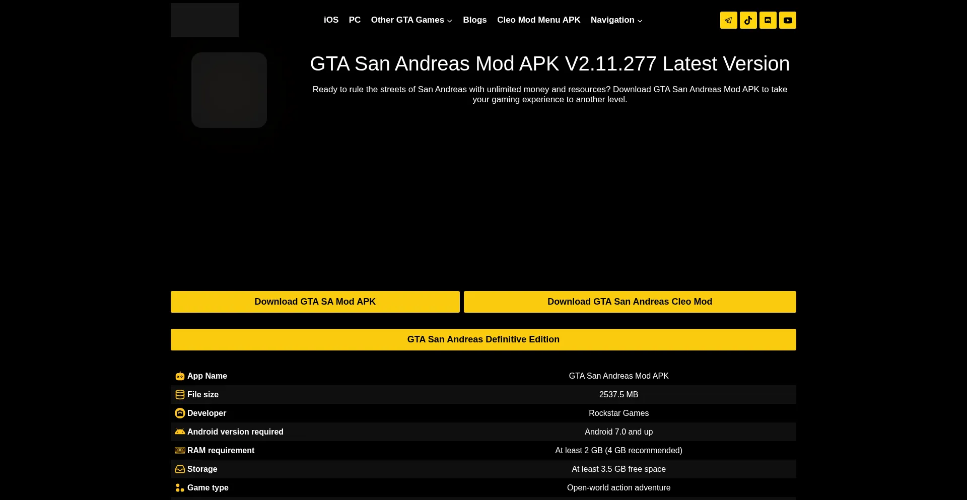 Website screenshot of Gtasandreasapk.com