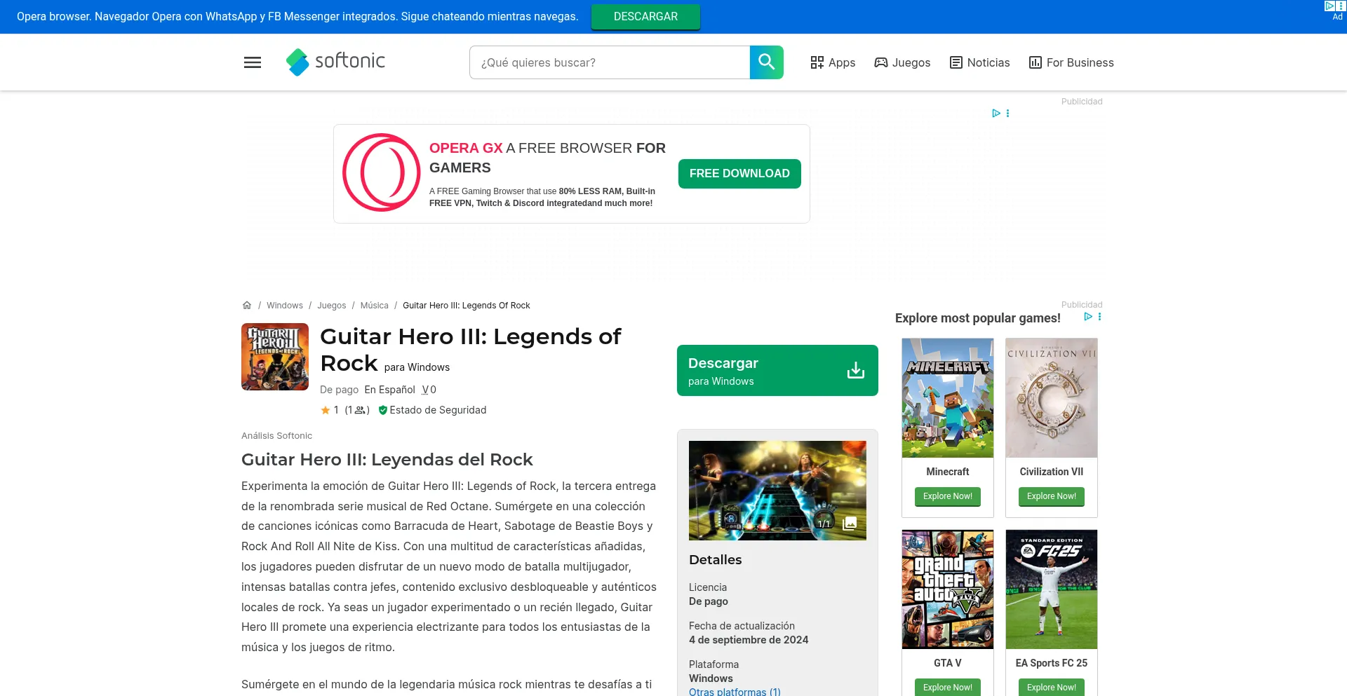 Website screenshot of Guitar-hero-iii-legends-of-rock.softonic.com