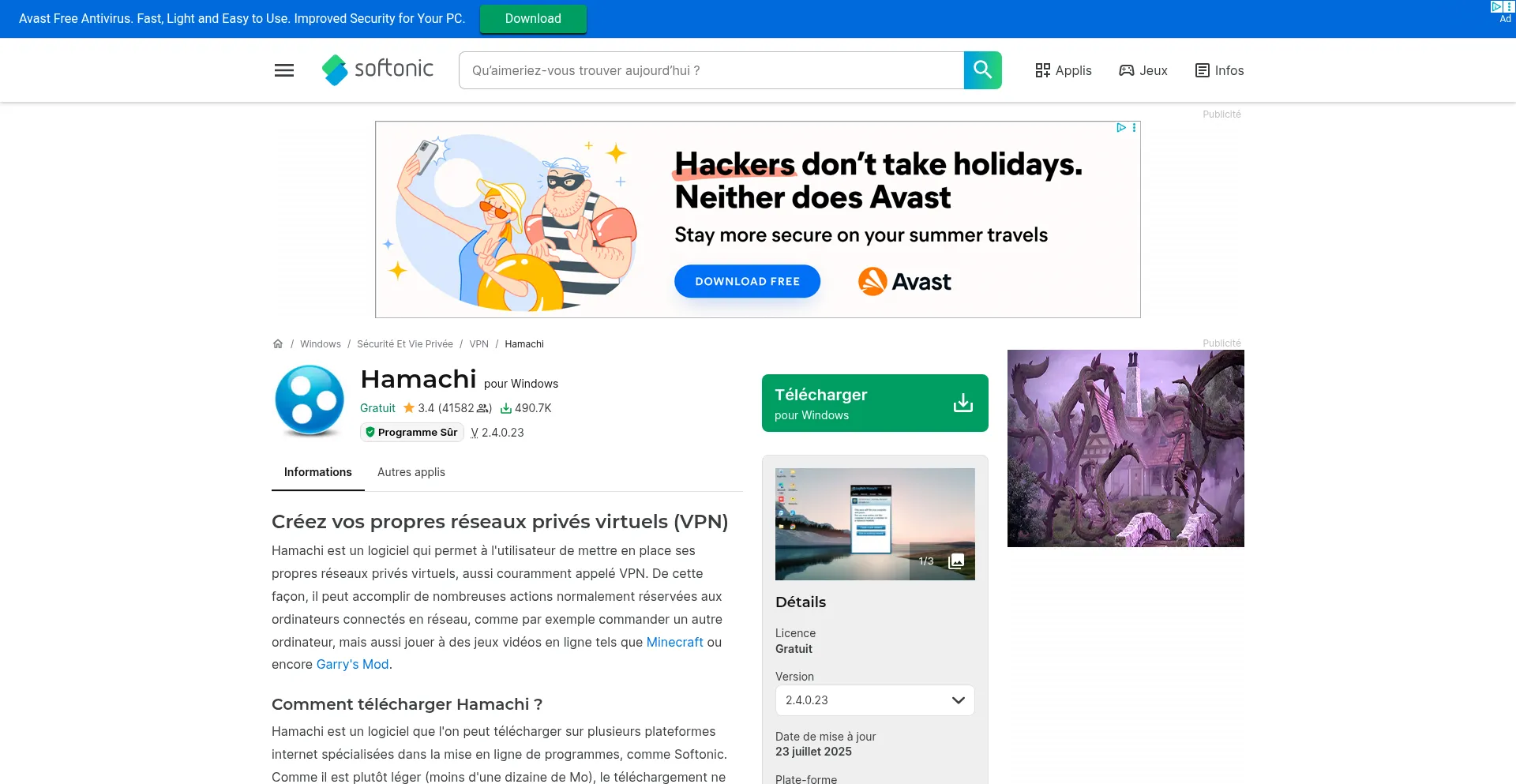 Website screenshot of Hamachi.fr.softonic.com