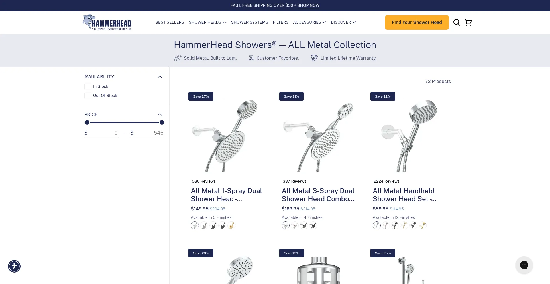 Website screenshot of Hammerheadshowers.com