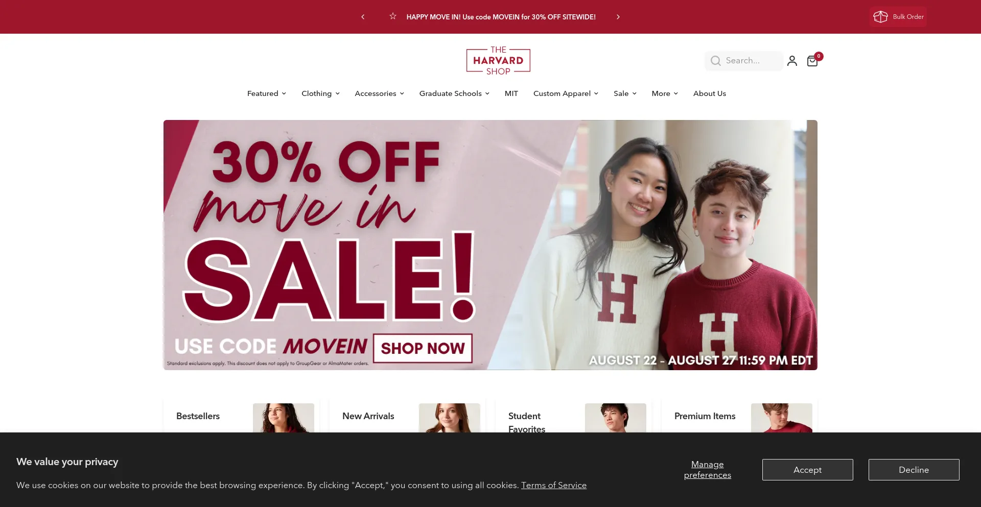Website screenshot of Harvardshop.com