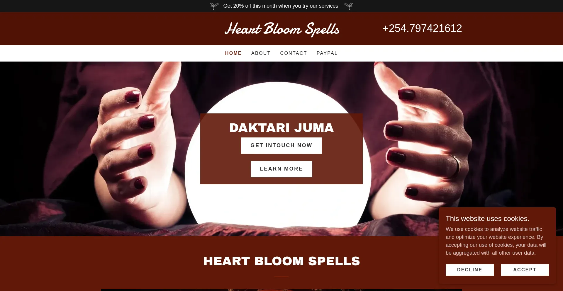 Website screenshot of Heartbloomspells.com
