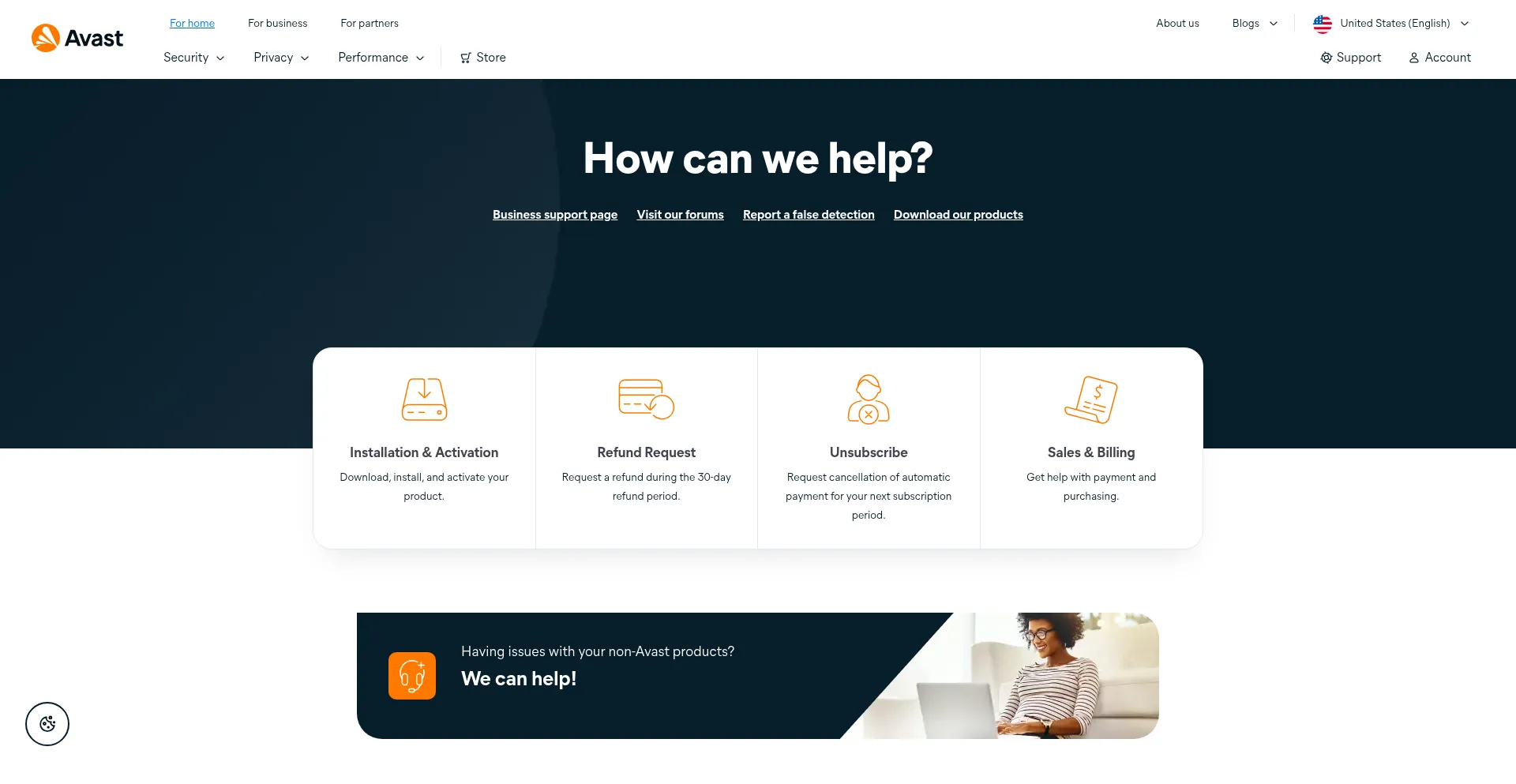 Website screenshot of Help.avast.com