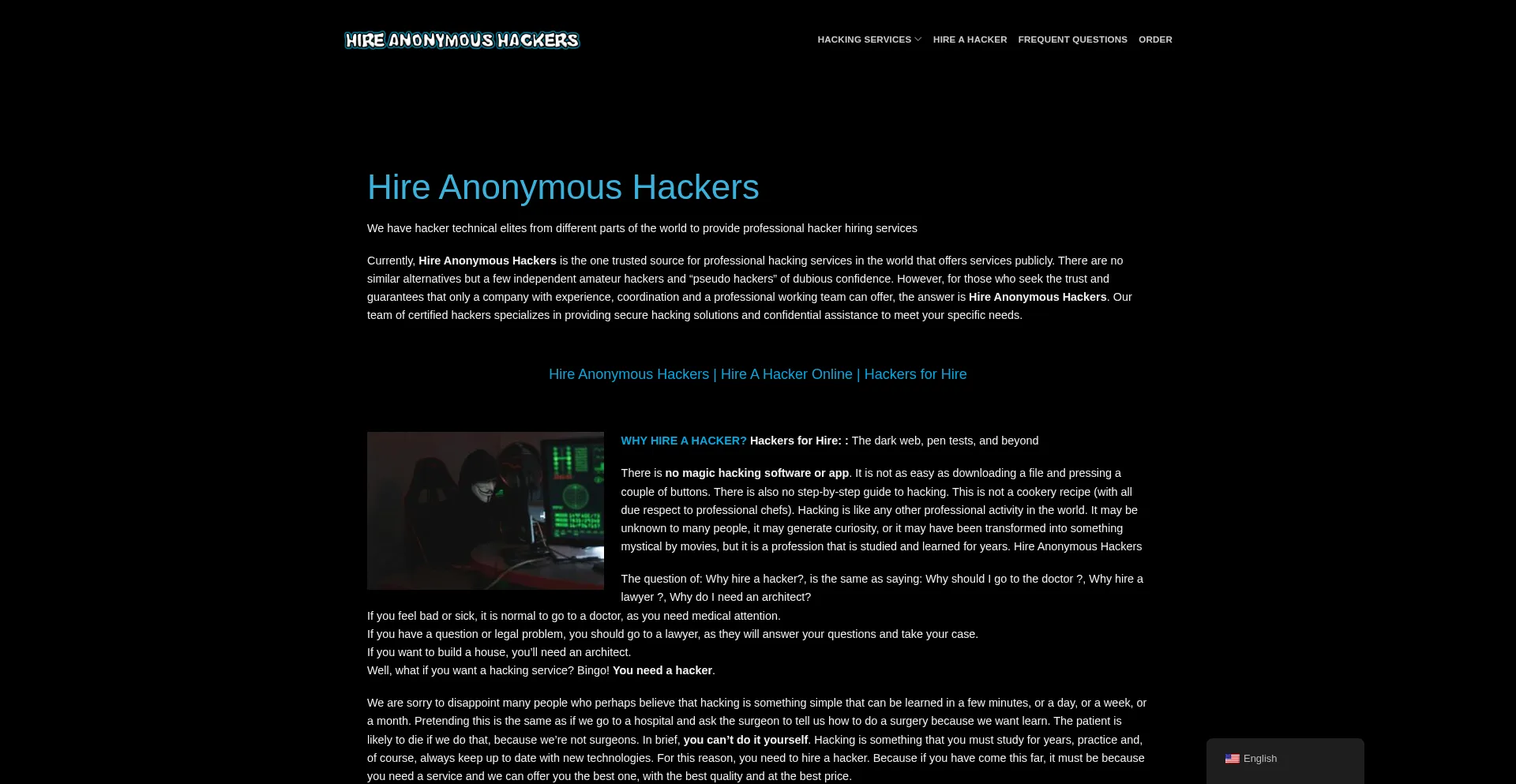 Website screenshot of Hireanonymoushackers.io