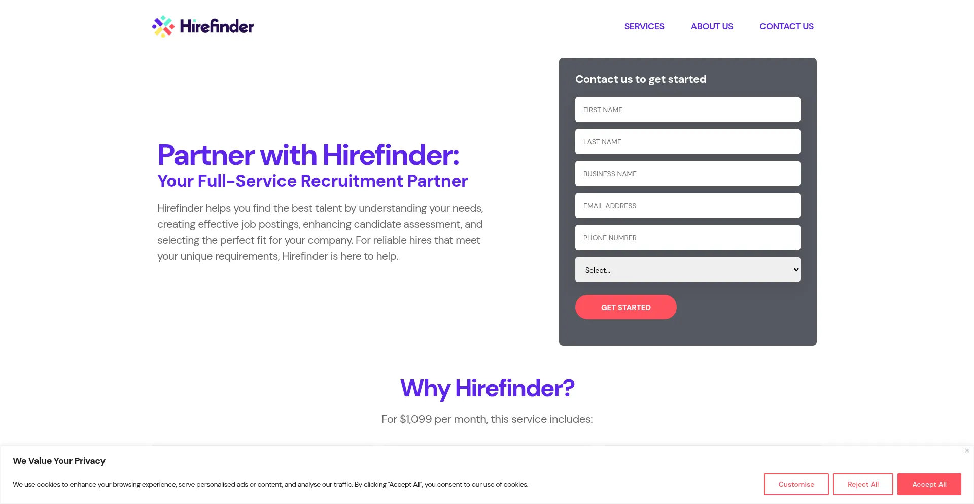 Website screenshot of Hirefinder.com