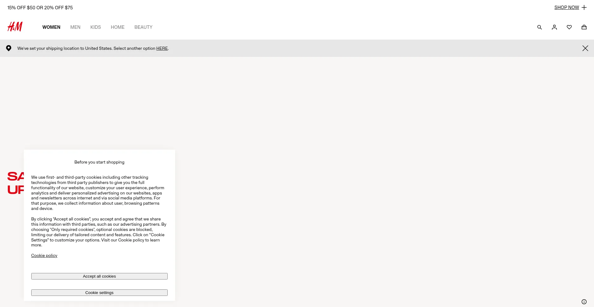 Website screenshot of Hm.com