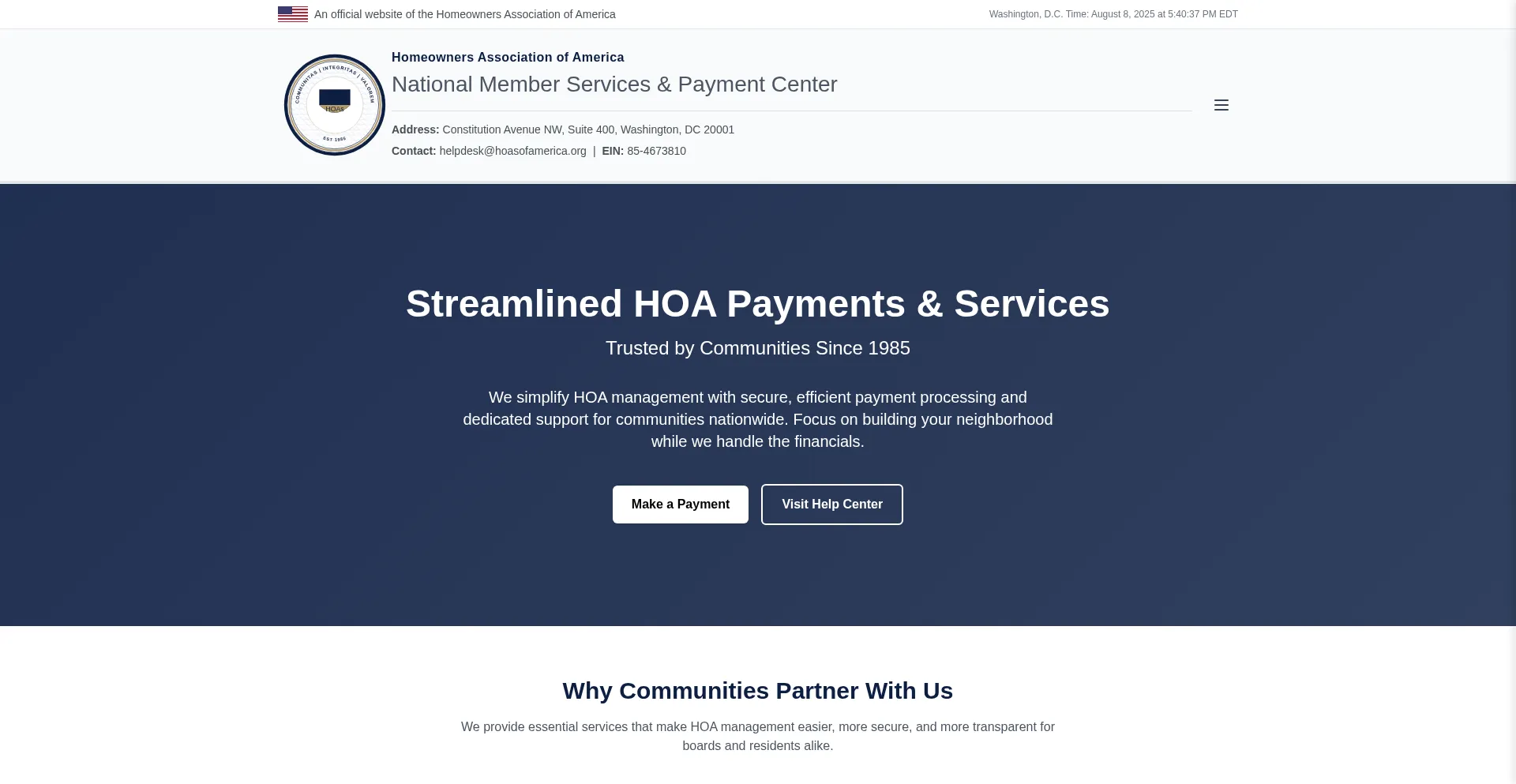Website screenshot of Hoasofamerica.org