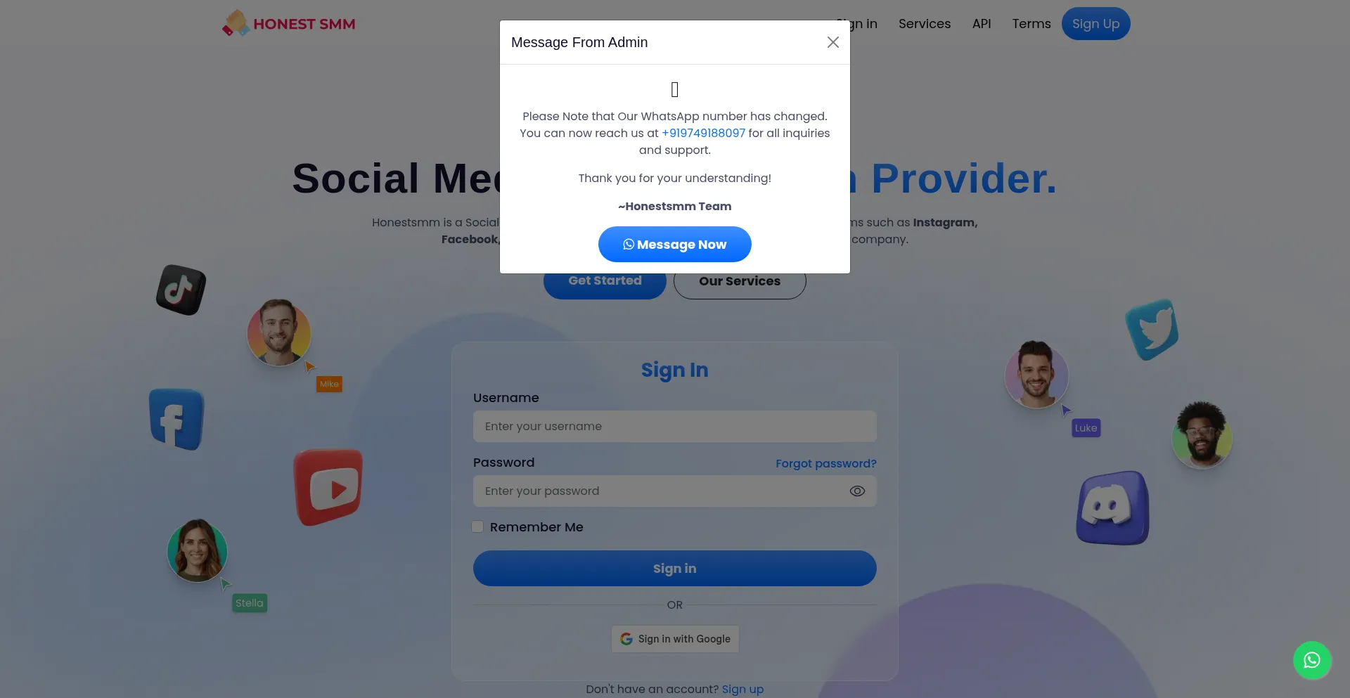 Website screenshot of Honestsmm.com