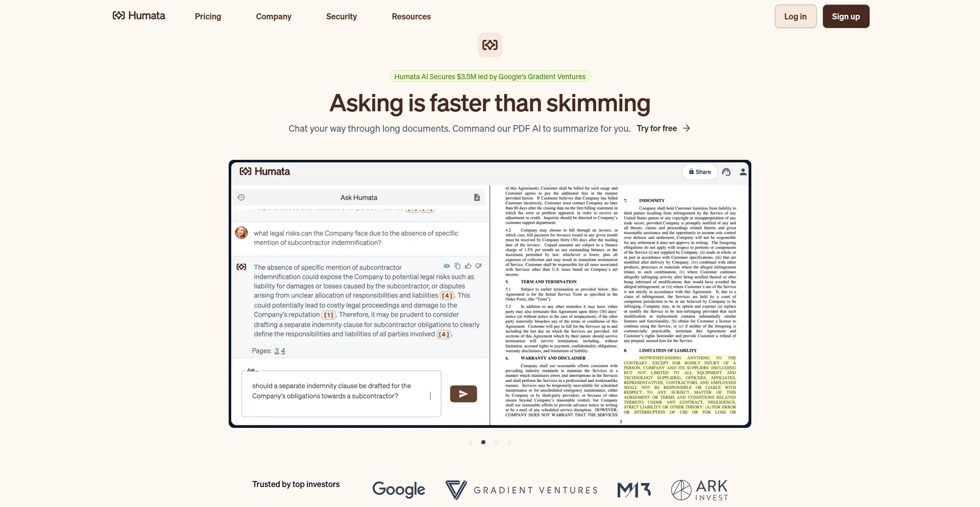 Website screenshot of Humata.ai