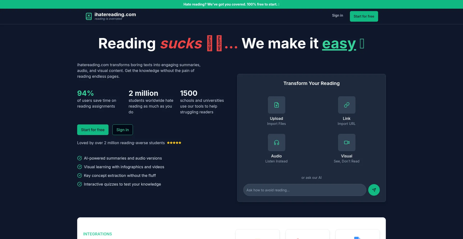 Website screenshot of Ihatereading.com