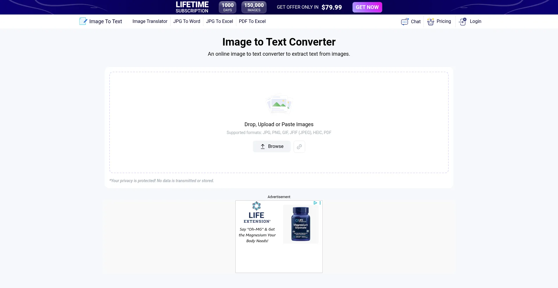Website screenshot of Imagetotext.info