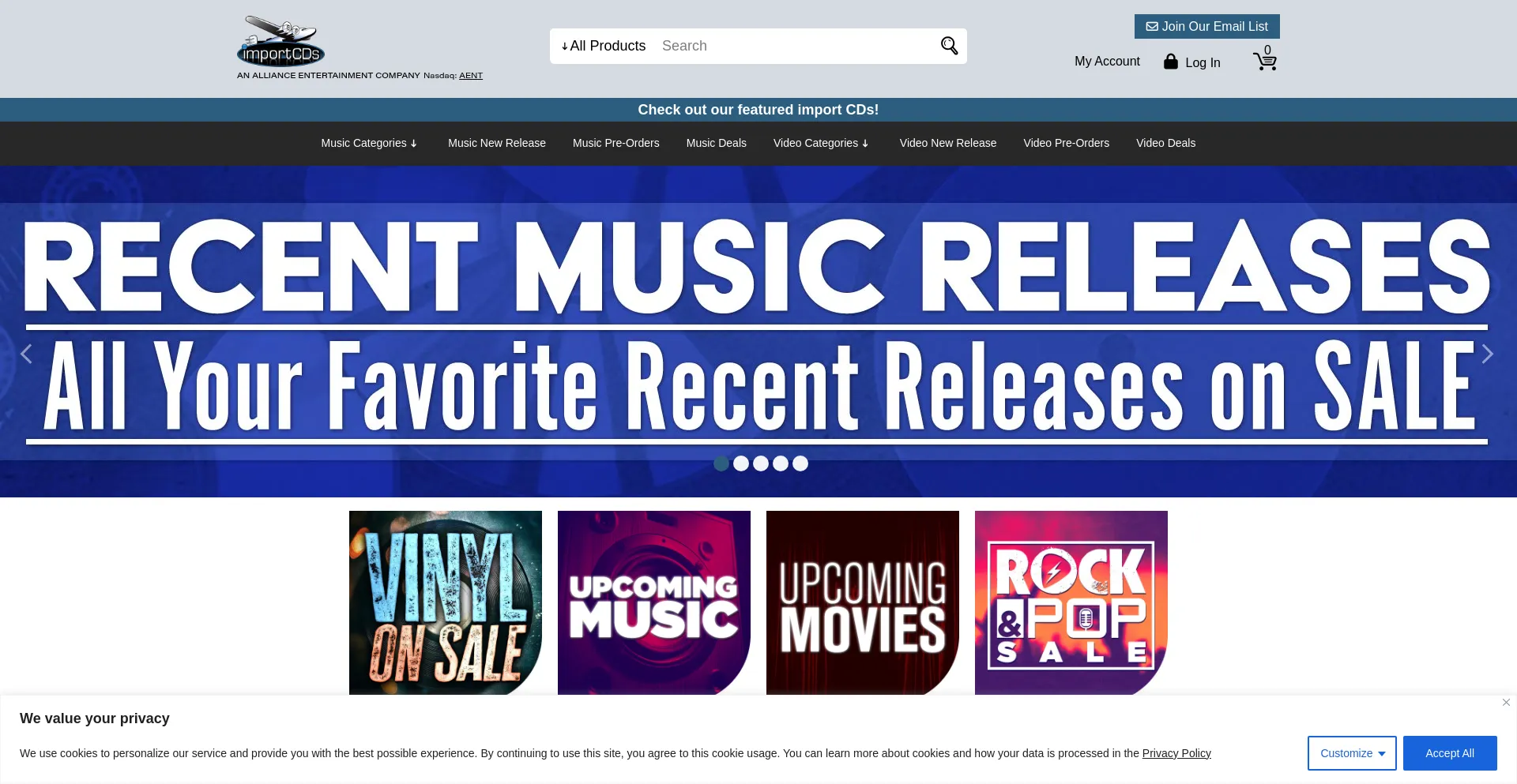 Website screenshot of Importcds.com