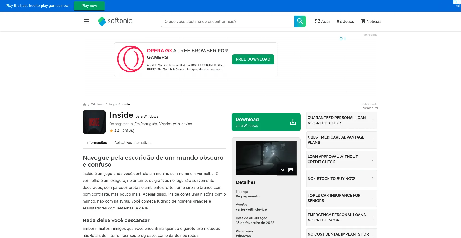 Website screenshot of Inside.softonic.com.br