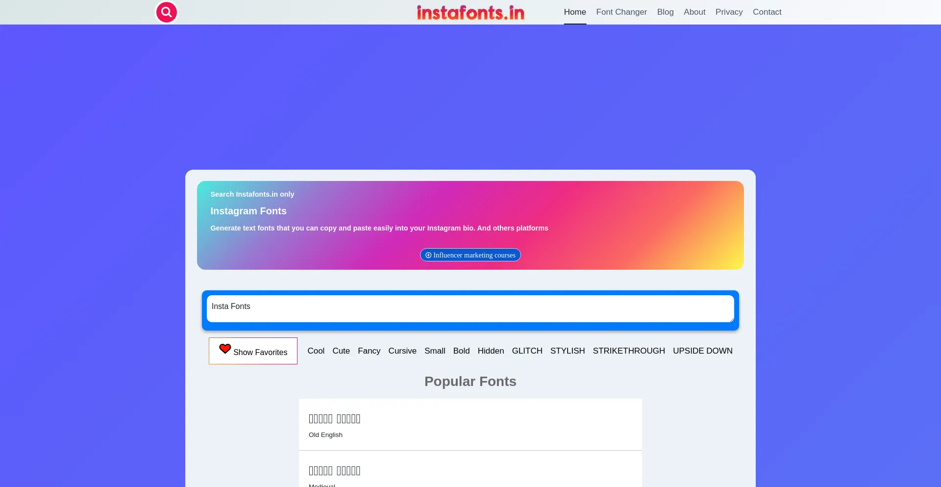 Website screenshot of Instafonts.in