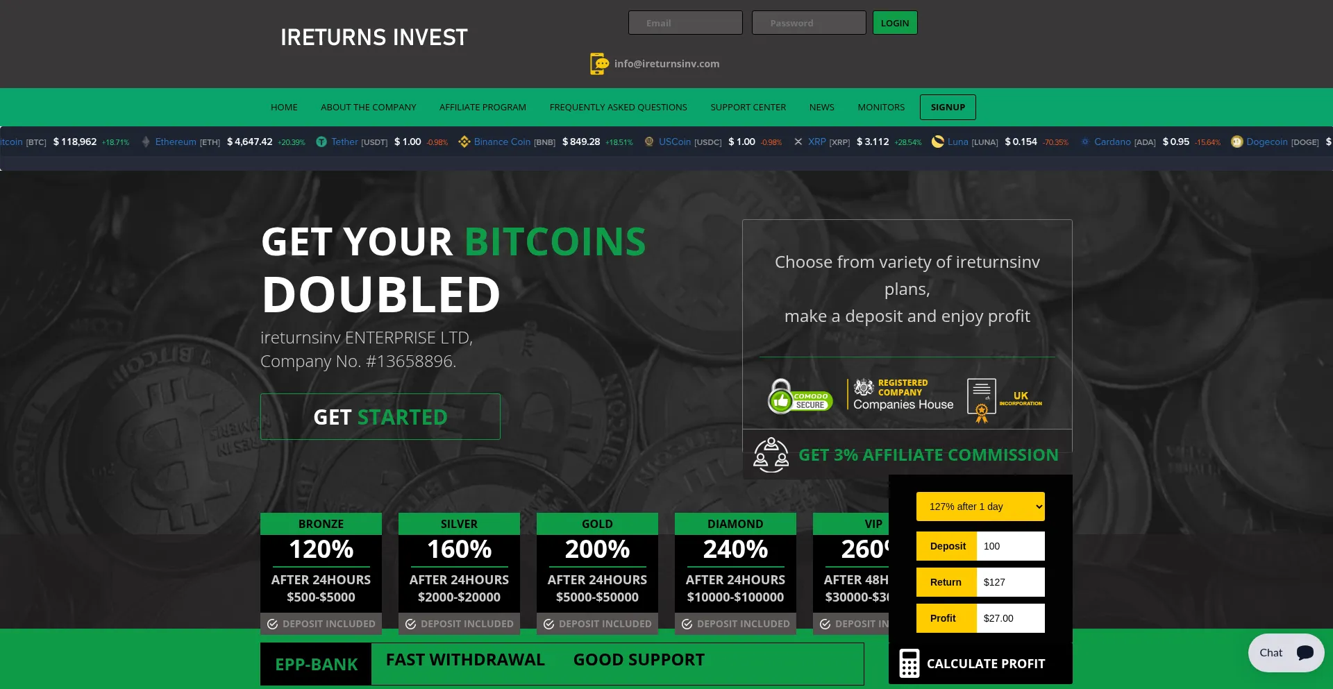 Website screenshot of Ireturnsinv.com