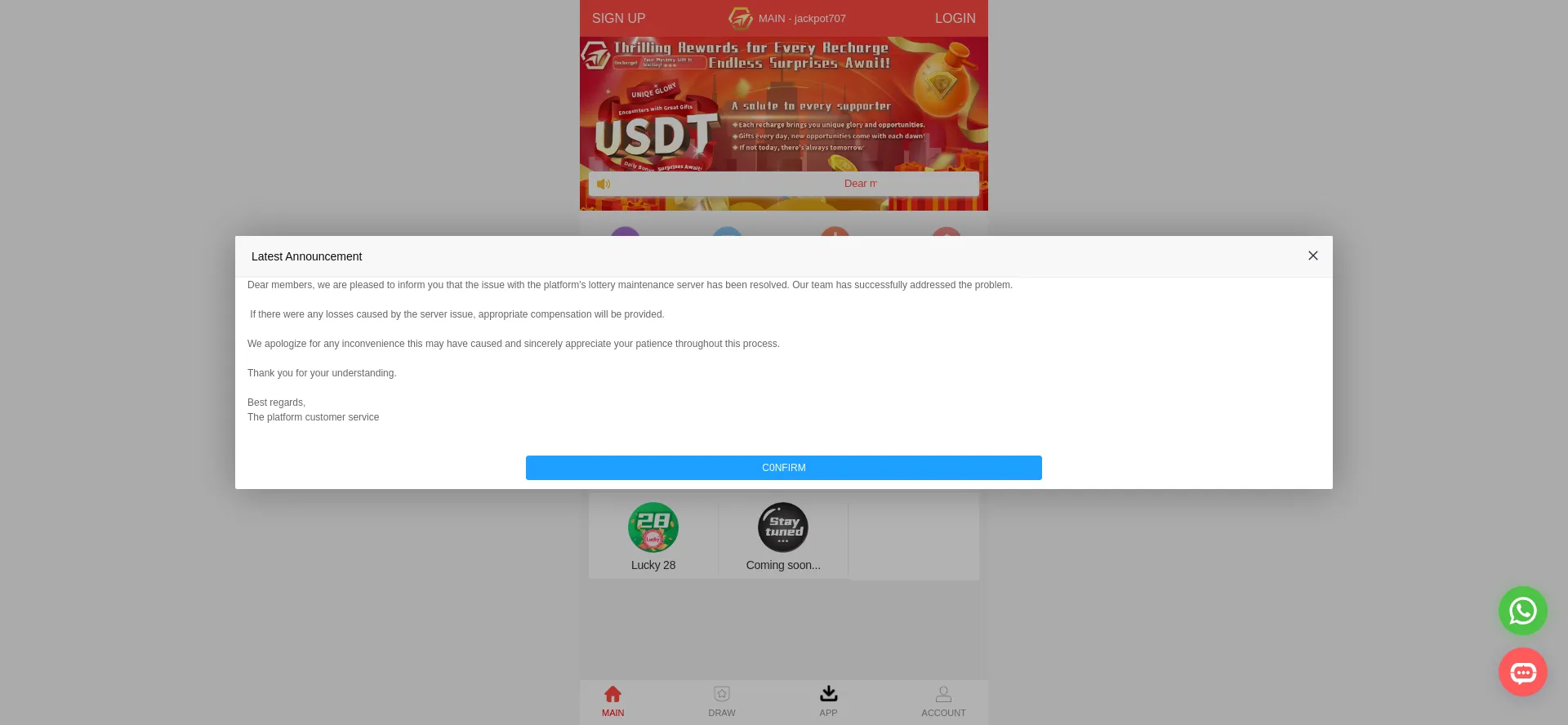 Website screenshot of Jackpot707.com