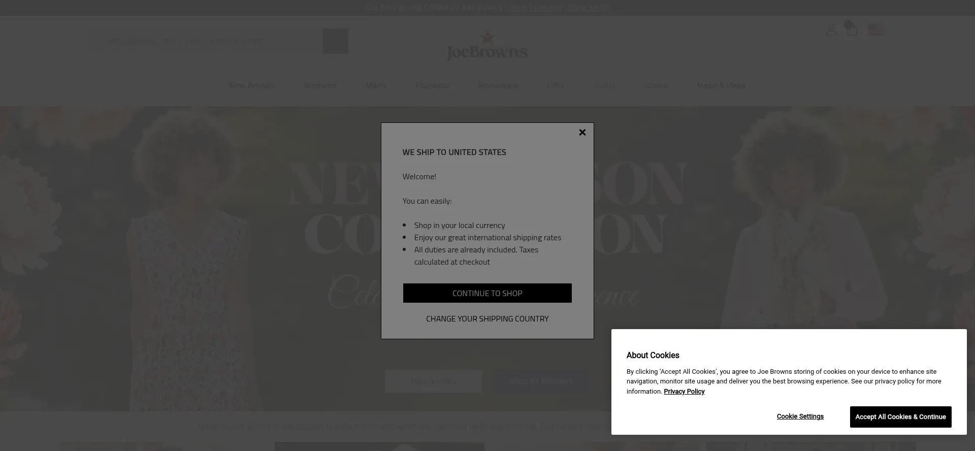 Website screenshot of Joebrowns.co.uk