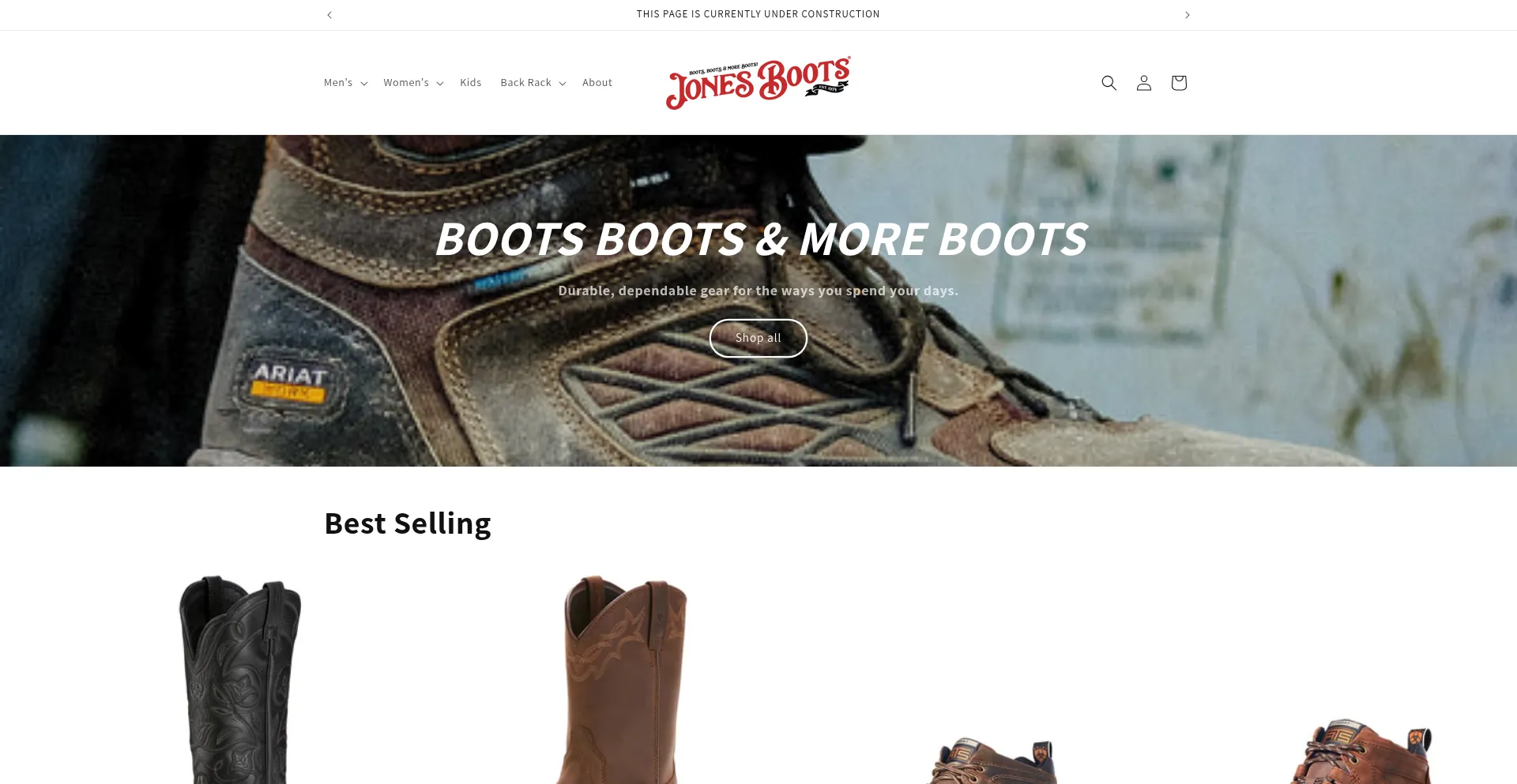 Website screenshot of Jonesboots.com