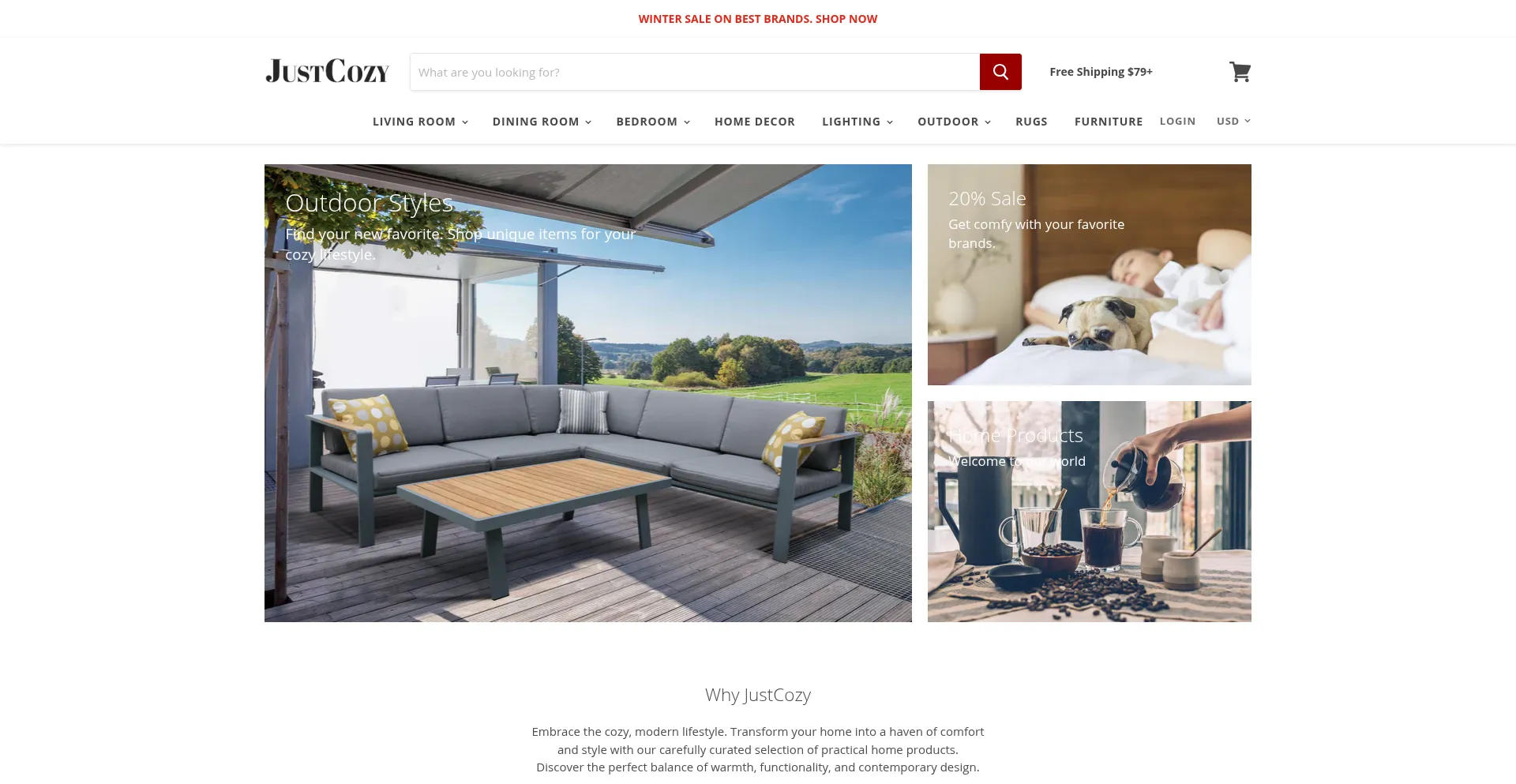 Website screenshot of Justcozy.com