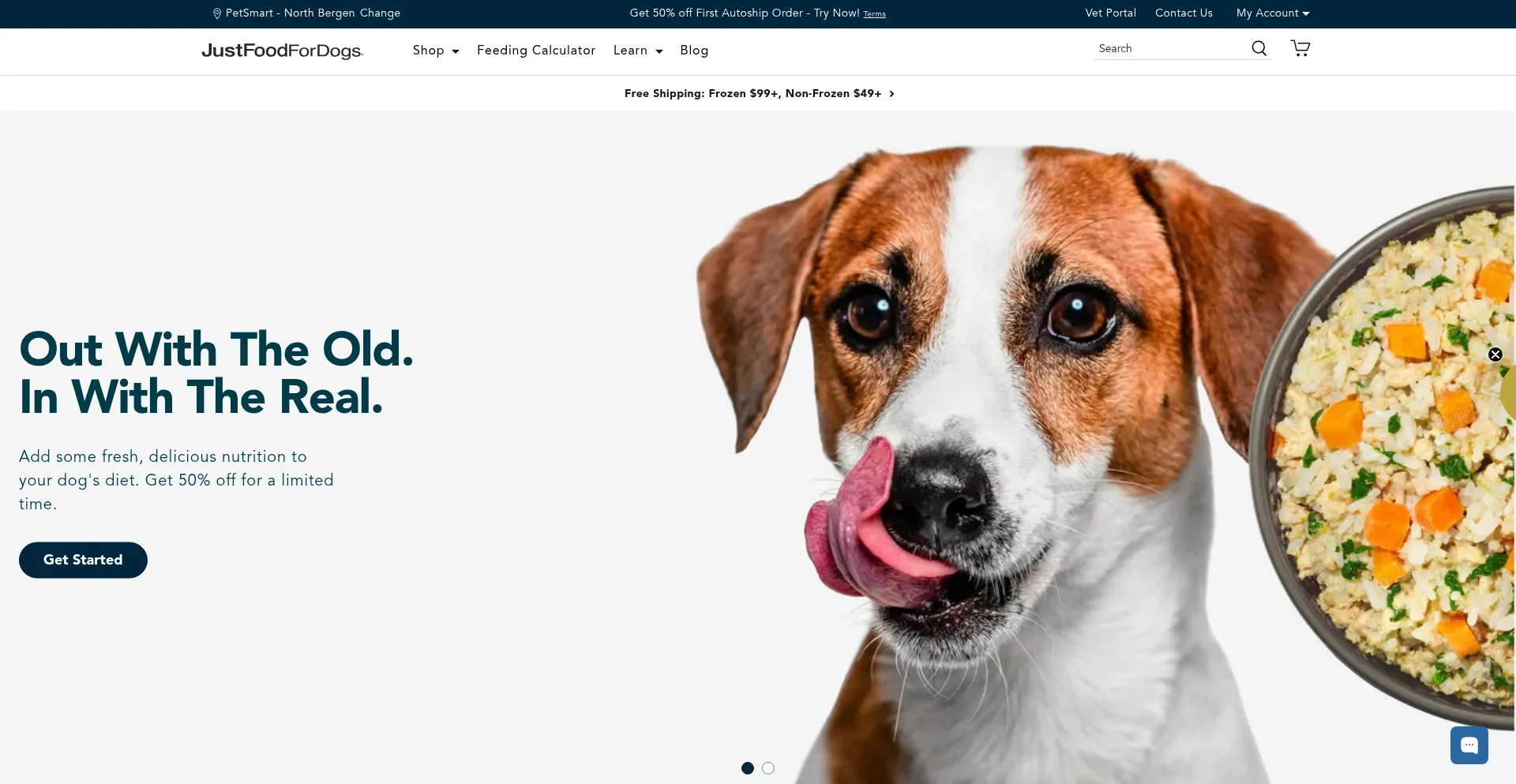 Website screenshot of Justfoodfordogs.com