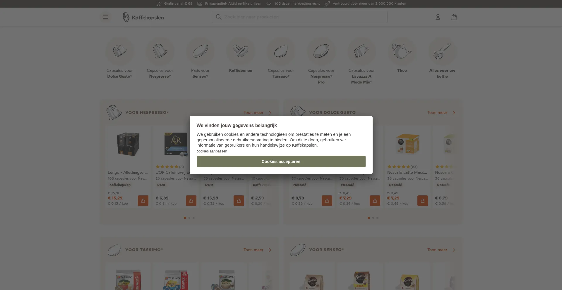 Website screenshot of Kaffekapslen.be