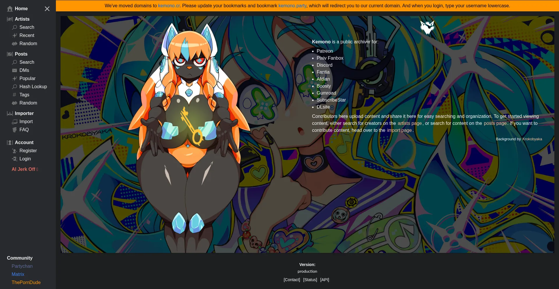 Website screenshot of Kemono.cr