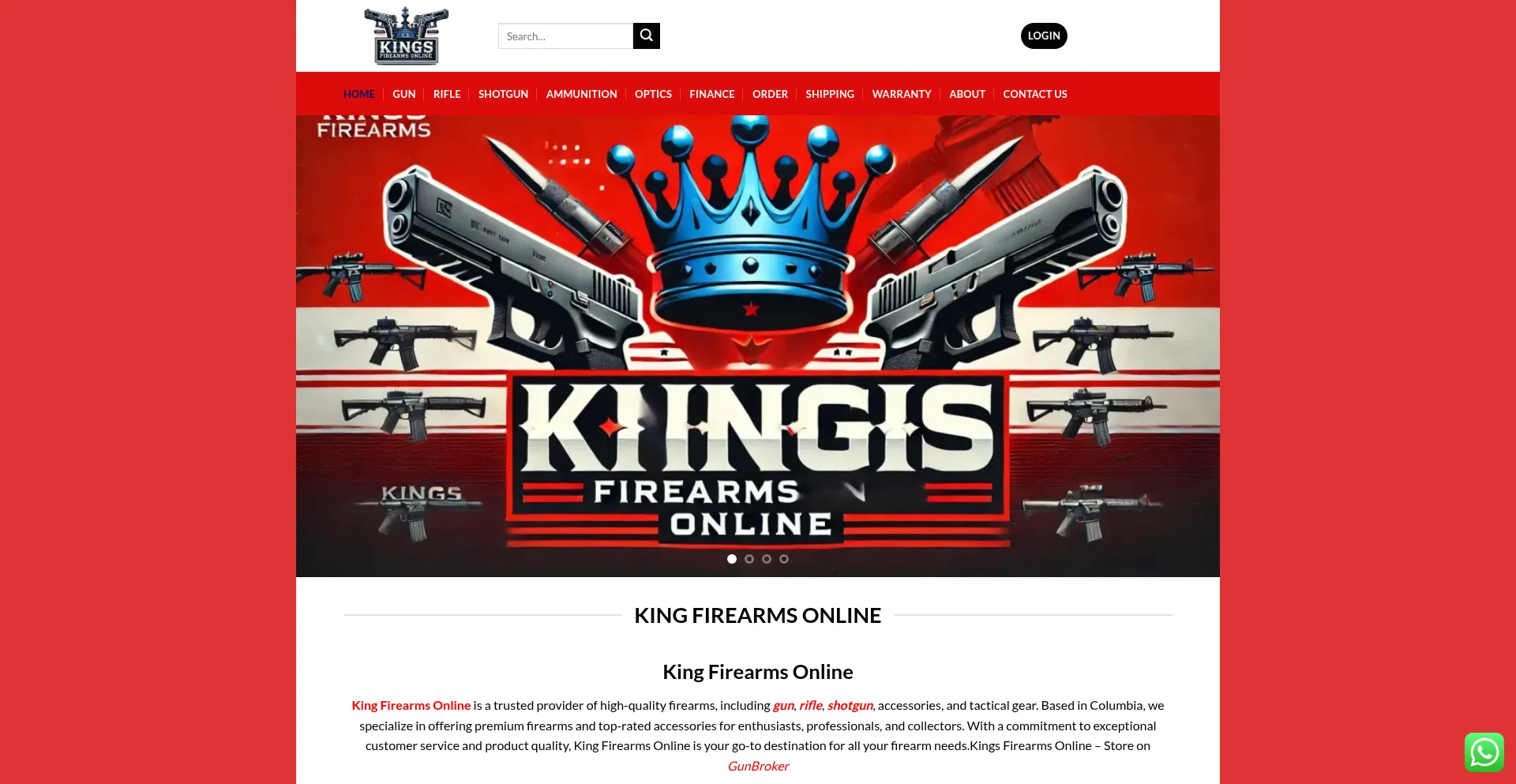 Website screenshot of Kingfirearmsonline.com