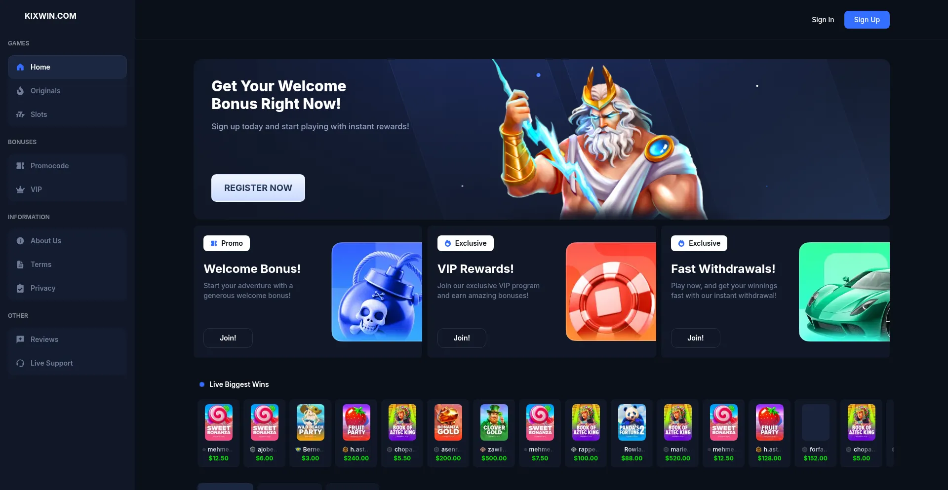 Website screenshot of Kixwin.com
