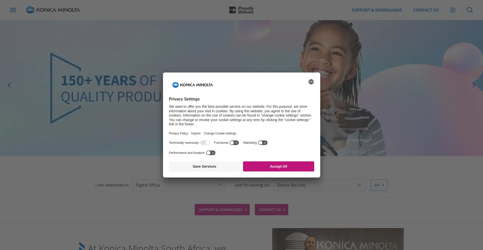 Website screenshot of Konicaminoltasa.com