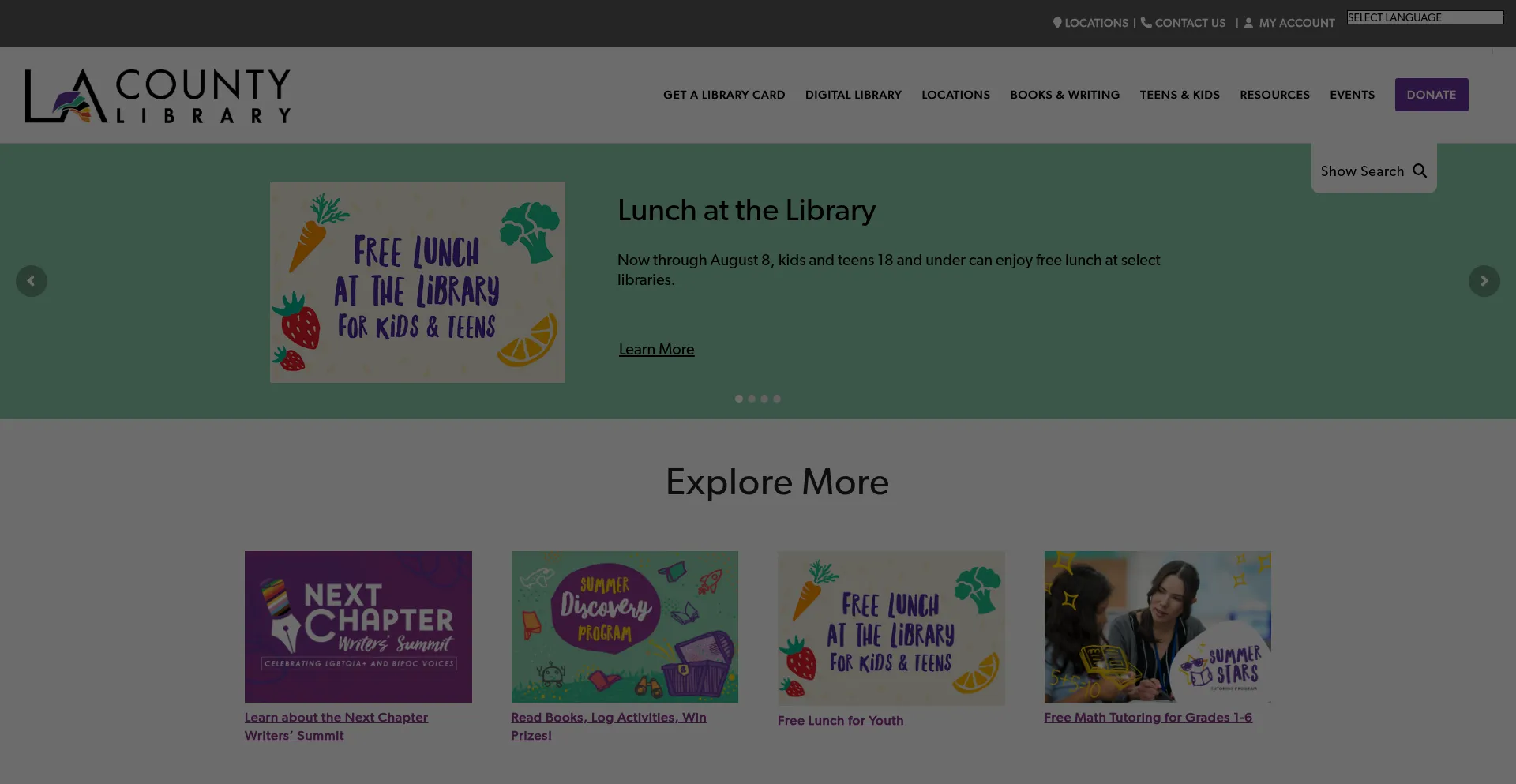 Website screenshot of Lacountylibrary.org