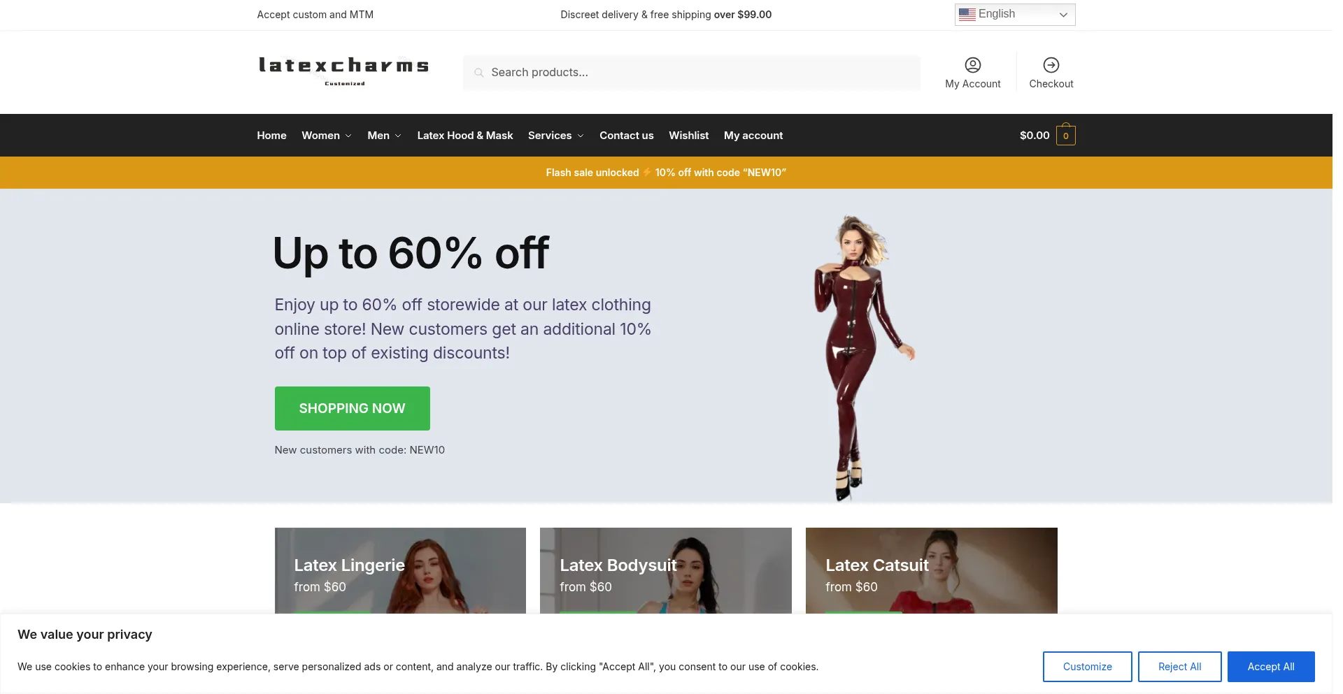 Website screenshot of Latexcharms.com