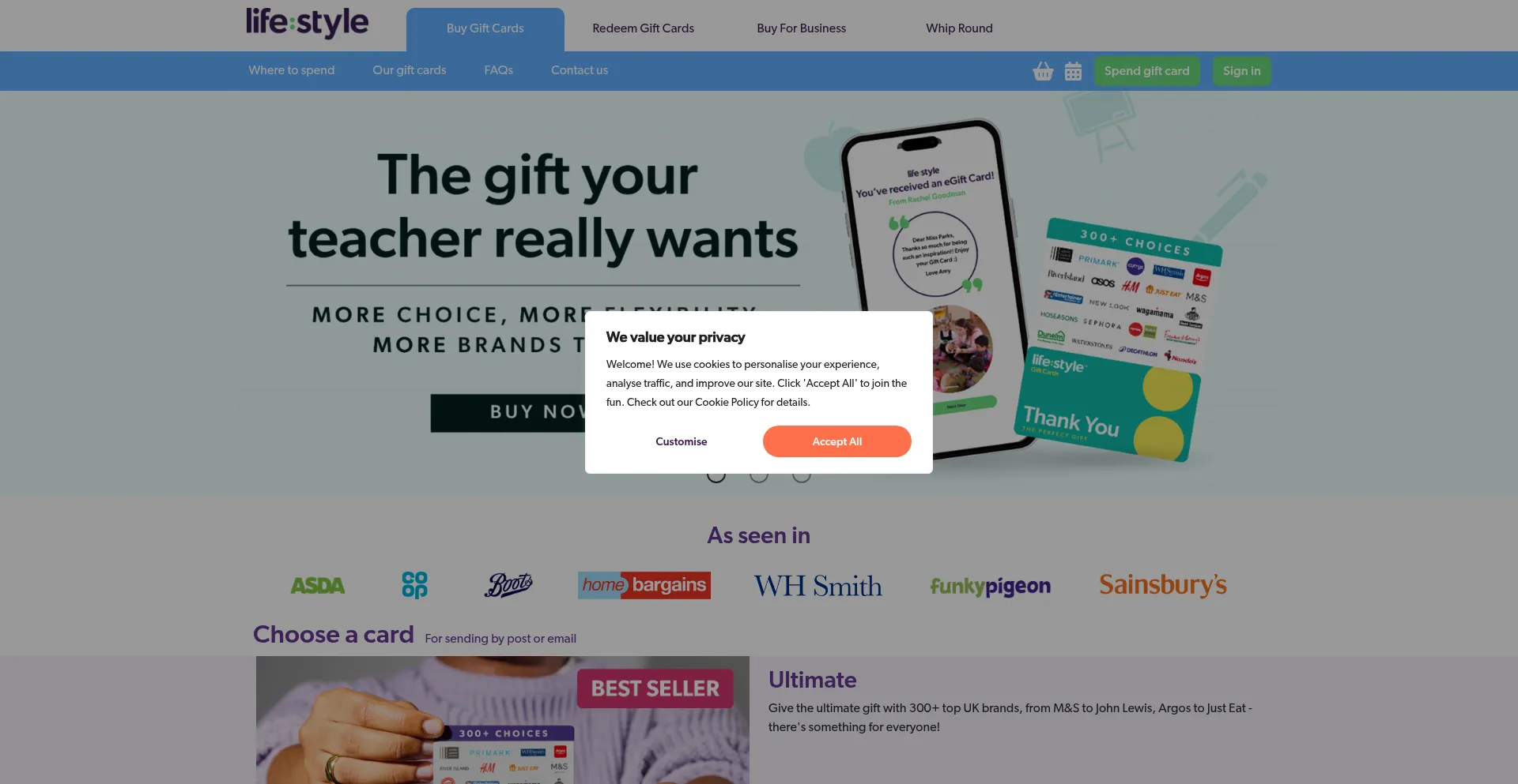 Website screenshot of Lifestylegiftcards.co.uk