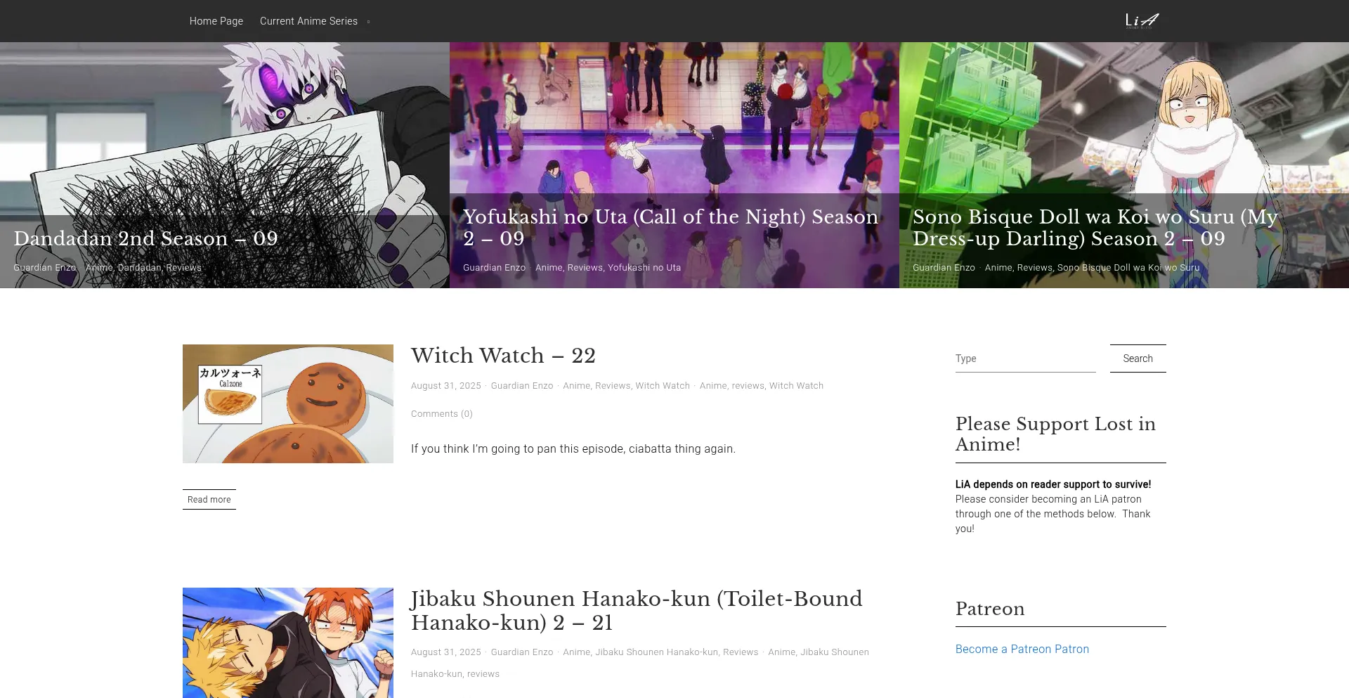 Website screenshot of Lostinanime.com