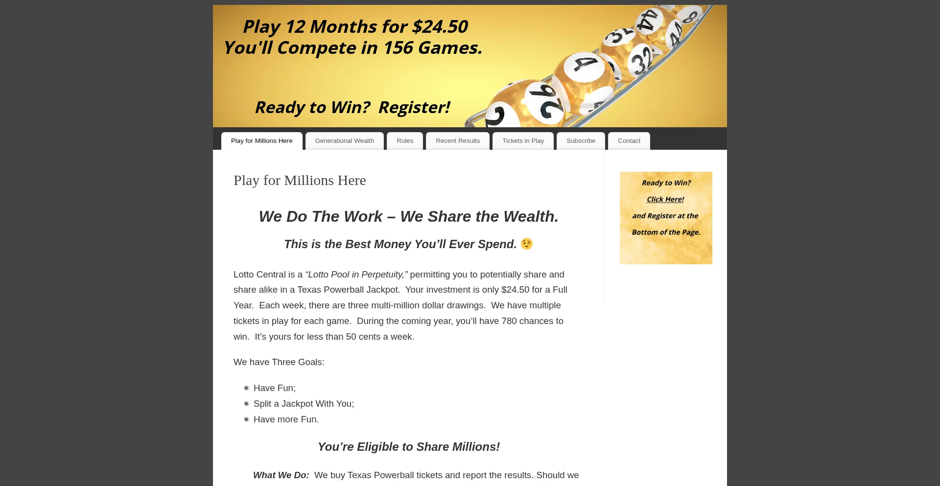 Website screenshot of Lottocentral.com
