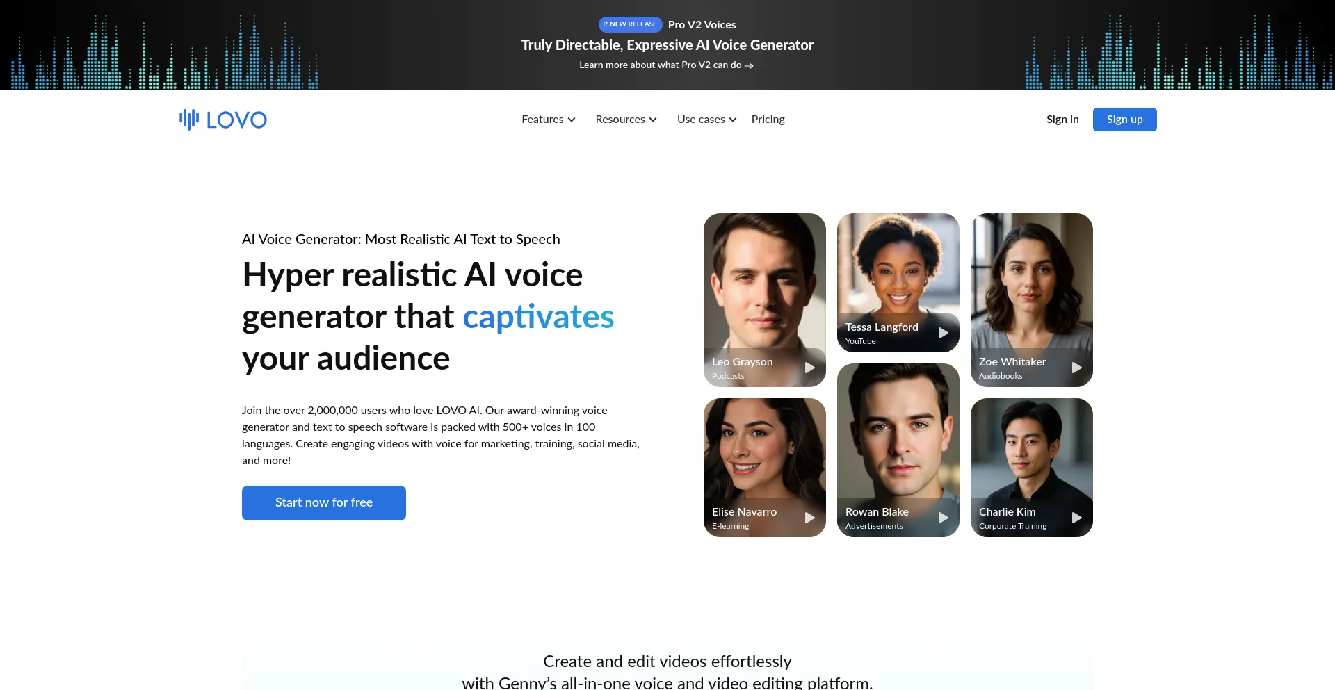 Website screenshot of Lovo.ai