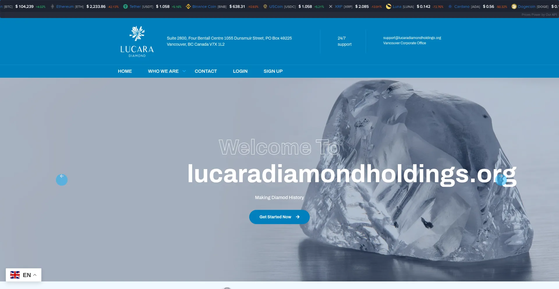 Website screenshot of Lucaradiamondholdings.org