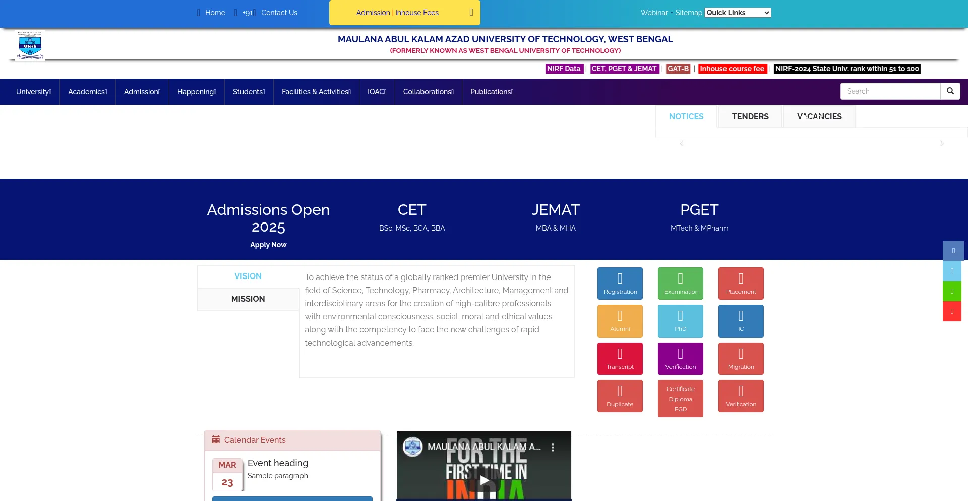 Website screenshot of Makautwb.ac.in