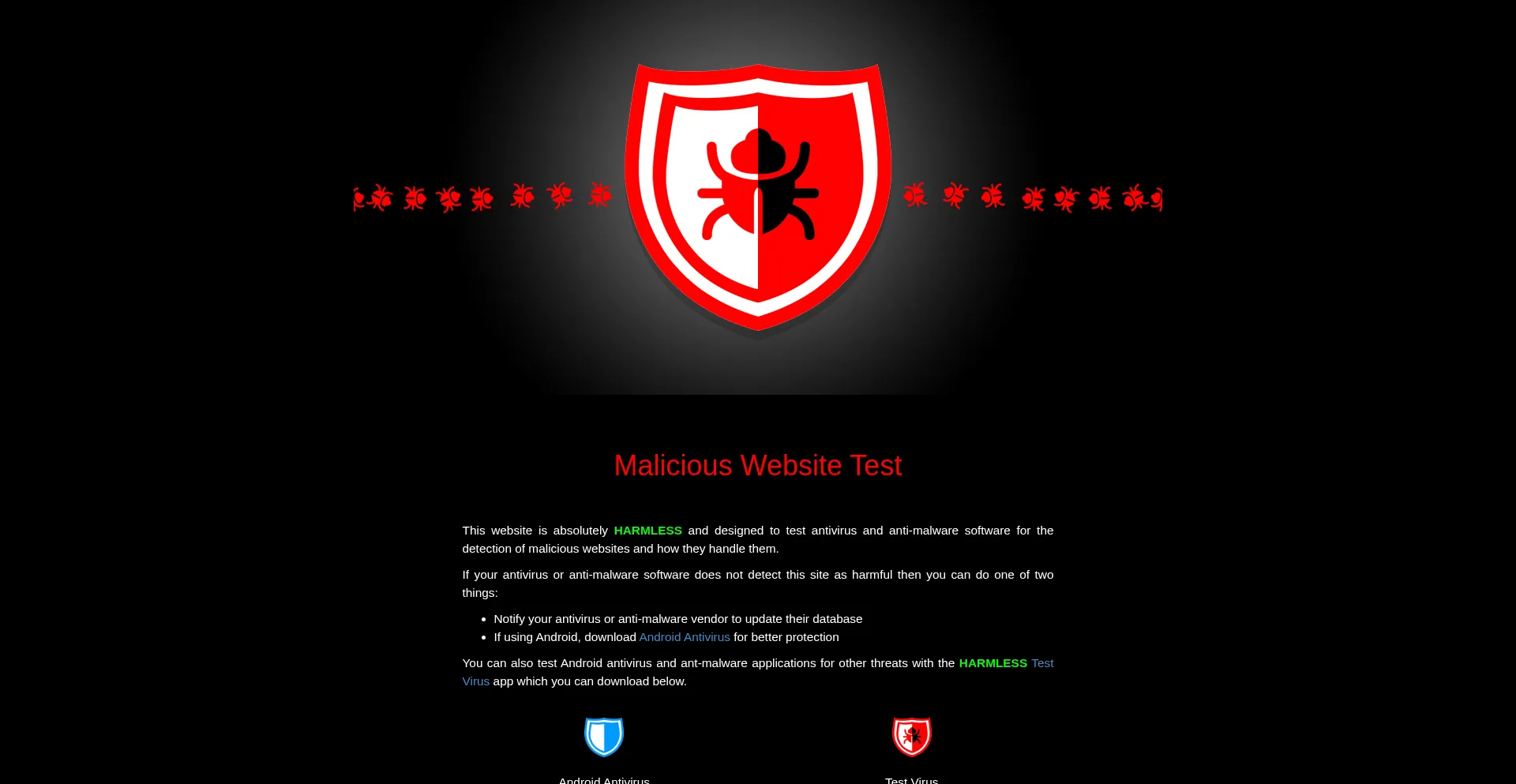 Website screenshot of Maliciouswebsitetest.com