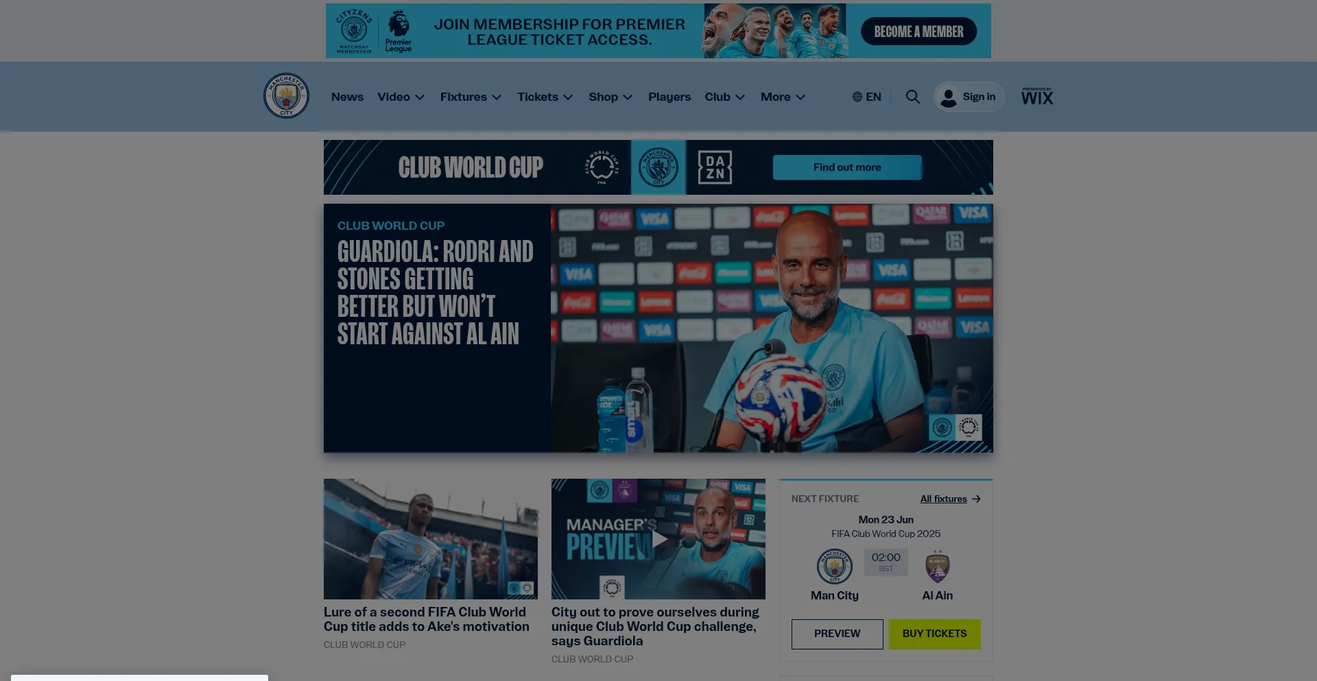 Website screenshot of Mancity.com