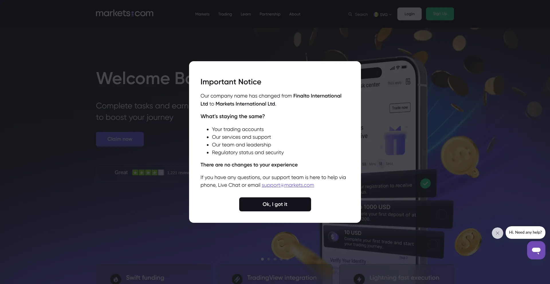 Website screenshot of Markets.com