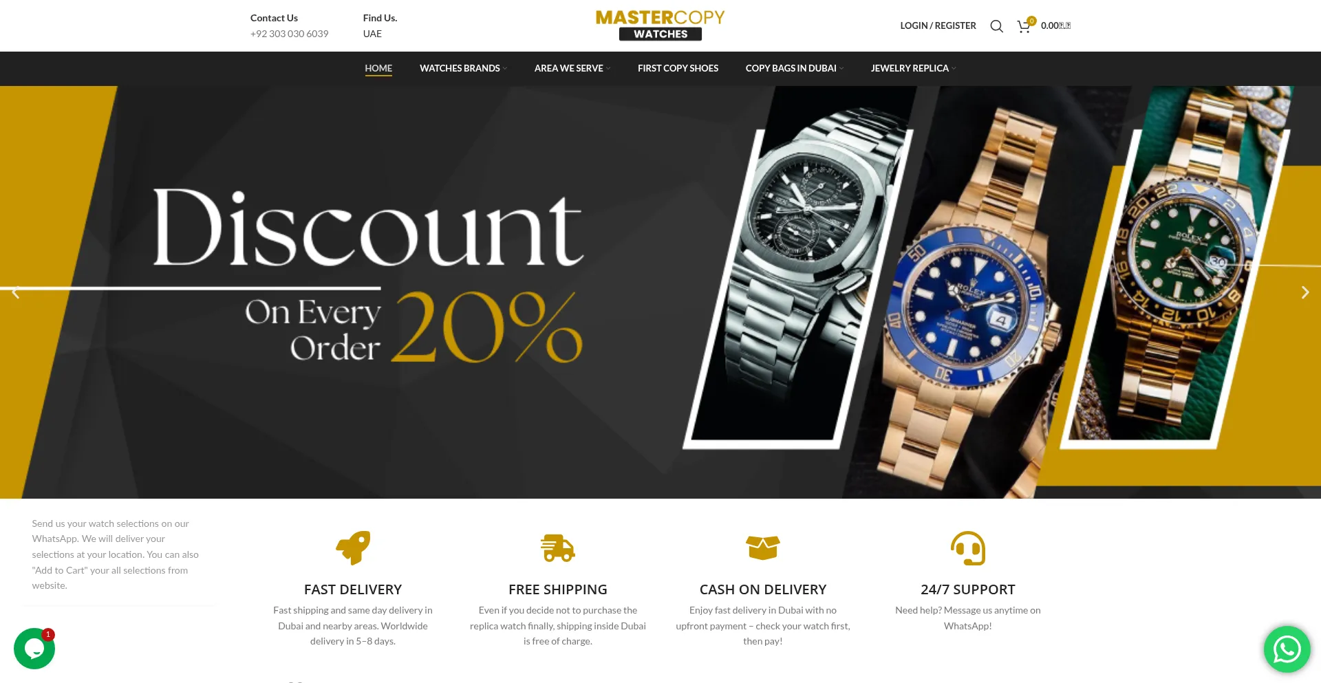 Website screenshot of Mastercopywatches.com