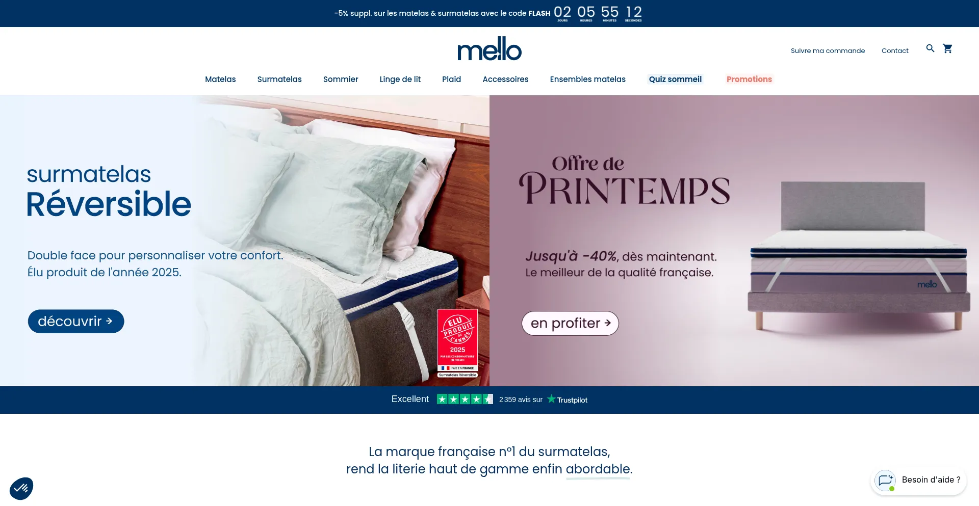 Website screenshot of Mello-matelas.fr